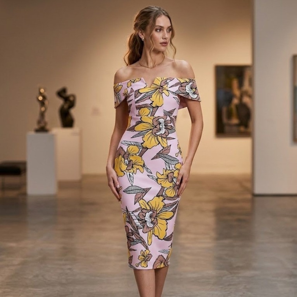 Lavish Alice Graphic Orchid Pop-Art Midi Dress Wired Notched Neckline NWT Size 2